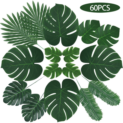 60 uds 6 tipos Monstera hojas de palmera artificiales planta Tropical de tallos decoración para fiesta Hawaiana de La Selva Tema de playa de ► Foto 1/6