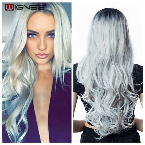 Wignee Pelo Largo ondulado pelucas de alta densidad, temperatura de encaje suizo pelucas sintéticas Ombre gris/rubia/marrón Cosplay cabello para las mujeres ► Foto 1/6