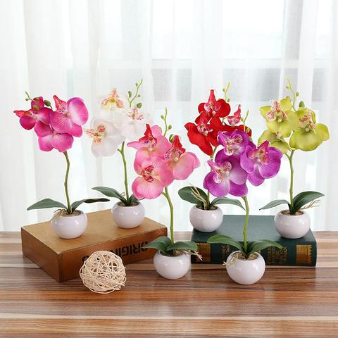 1Set del trigémino Phalaenopsis bonsái de simulación plantas artificiales con flores + olla decorativa de la flor casa de habitación accesorio ► Foto 1/6