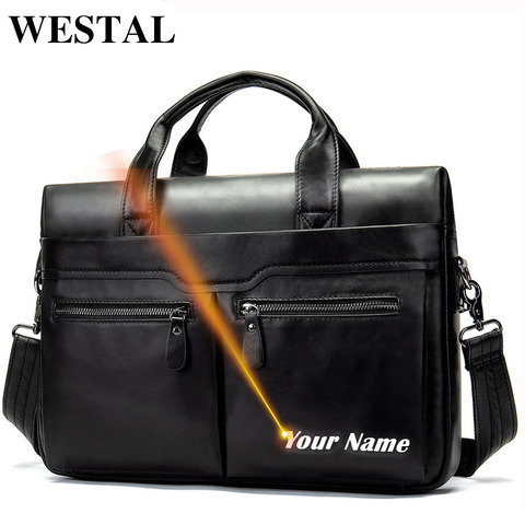 WESTAL-Bolso de cuero con grabado láser para hombre, bandolera de piel auténtica para ordenador portátil, bolsos de bandolera para hombre ► Foto 1/6