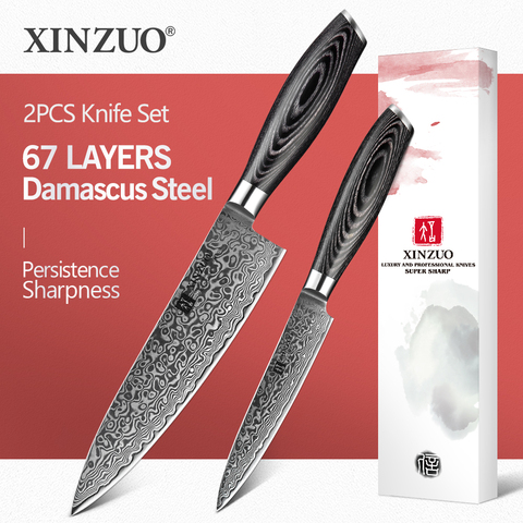 XINZUO-Juego de cuchillos de cocina de 67 capas de Damasco para Chef, cuchillo de utilidad de 5 pulgadas, acero inoxidable, alto en carbono, mango de Pakkawood, 8 pulgadas, 2 uds. ► Foto 1/6