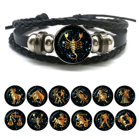 Pulsera de cuero con signos del zodiaco para hombre y mujer, brazalete trenzado con cuerda, Aries, Taurus, Virgo Libra, escorpio, venta al por mayor ► Foto 1/6