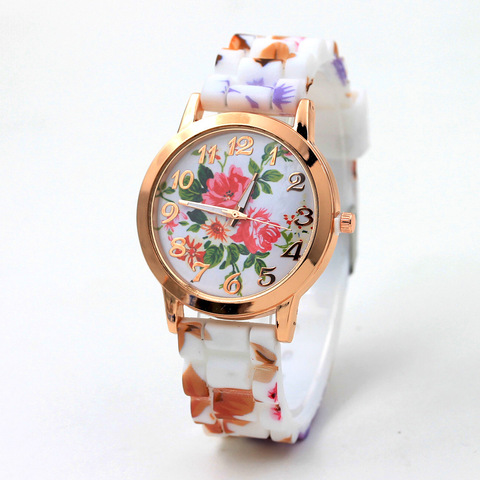 Reloj de lujo con correa de silicona estampada para mujer, de cuarzo, con patrón de flores, de pulsera multicolor, femenino ► Foto 1/6