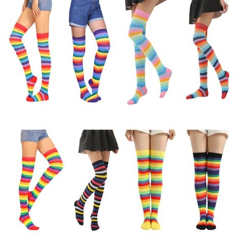 Calcetines largos por encima de la rodilla con rayas de colores del Arcoíris para mujer y niña, para Halloween, Cosplay, punto elástico hasta el muslo ► Foto 1/6