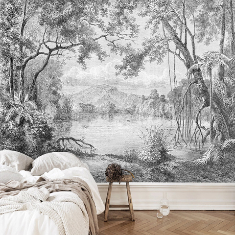 Papel pintado a mano con foto personalizada, Mural De bosque blanco y negro, línea Retro europea, pintura De selva tropical, Papel De pared ► Foto 1/6