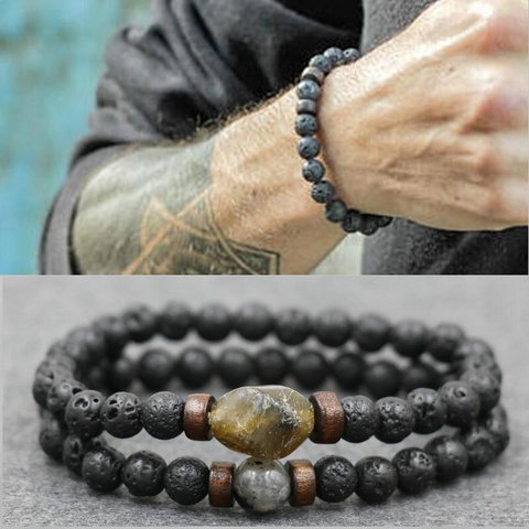 La tendencia de los hombres de pulsera de piedra de Lava piedra lunar labradorita pulsera de cuentas Chakra Yoga cuenta de madera pulsera de la joyería de los hombres Bileklik ► Foto 1/6