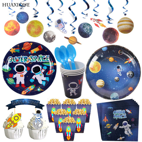 Suministros de fiesta de astronauta del espacio exterior, vajilla desechable, platos y vasos de papel, servilletas, caja de pastel caramelos, cartel de feliz cumpleaños, Boutting ► Foto 1/6