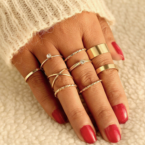 EN-Conjunto de Anillos geométricos de Color dorado/plateado para mujer, anillo de dedo nudillo giratorio, joyería de fiesta Bohemia ► Foto 1/6