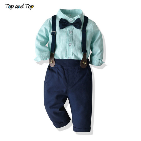 Conjunto de ropa de partes de arriba para niños, camisas con pajarita a rayas y pantalones con tirantes, trajes de 2 uds. ► Foto 1/6