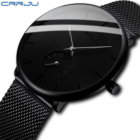 CRRJU-reloj de pulsera de acero para hombre, de marca superior, informal, de malla delgada, deportivo, de cuarzo, resistente al agua, negro, 2150 ► Foto 1/6