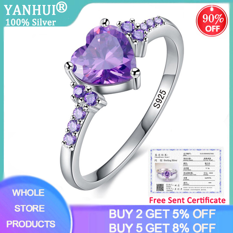 YANHUI-Anillo de cristal de circonita violeta para mujer, con certificado, forma adorable de corazón, joyería de plata 925, regalo romántico para el Día de San Valentín ► Foto 1/6