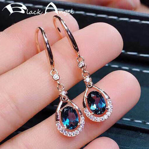 Pendientes de gota de Topacio azul y plata de ley 925 de Ángel negro para mujer, joyas aros con gemas de cristal, regalo al por mayor ► Foto 1/6