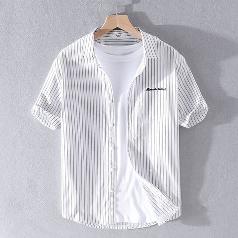 Camisa informal a rayas para hombre, camisas blancas de algodón, camisa cómoda de marca, tops de moda, camisola camisa, novedad de verano ► Foto 1/6