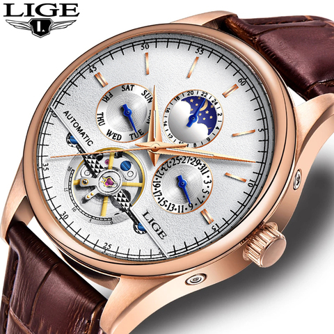 LIGE-Reloj de pulsera para hombre, de lujo, Tourbillon, mecánico, automático, clásico, de cuero de oro rosa, dorado, a la moda ► Foto 1/6