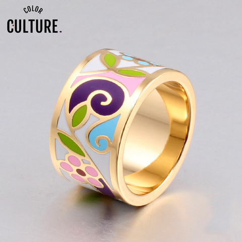 Anillo de esmalte de flores para mujer, sortija grande étnica de acero inoxidable, color dorado, 1,3 CM ► Foto 1/6