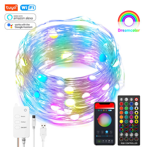 Tuya WiFi inteligente guirnaldas de luces LED Dreamcolor 10m 100LED RGB RGBIC tira de luz USB trabajo Alexa música sincronización luz de la Navidad ► Foto 1/6