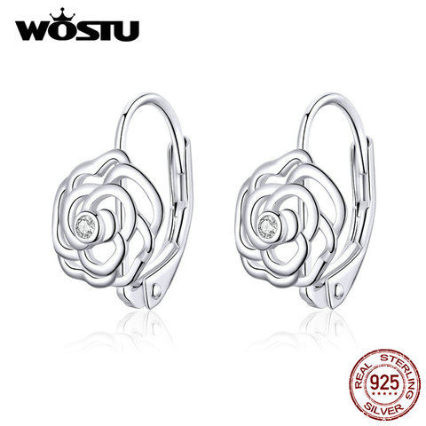 WOSTU-pendientes colgantes de flor rosa para mujer, de Plata de Ley 925, aretes colgantes de circonia delicada para mujer, joyería de boda CQE745 ► Foto 1/6