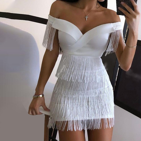 Sexy sin mangas Bodycon Mini vestido de las mujeres blanco hombro borla corto Vestidos de verano de 2022 Bandage Fiesta Club Vestidos ► Foto 1/6