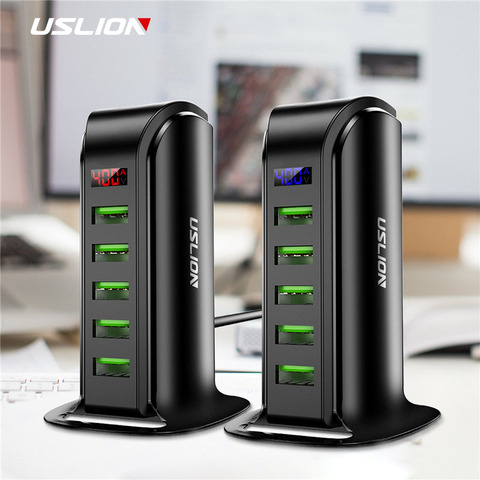 USLION 5 puerto de cargador Multi USB pantalla LED USB estación de carga de teléfono móvil Universal escritorio cargadores casa UE nos enchufe de Reino Unido ► Foto 1/6