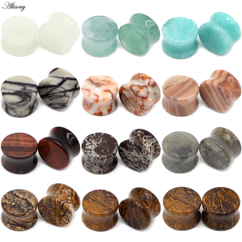 Alisouy-Tapones de orejas piel con piedra orgánica Natural, 2 uds., expansores para dilataciones, Piercing corporal, 6mm-16mm ► Foto 1/6
