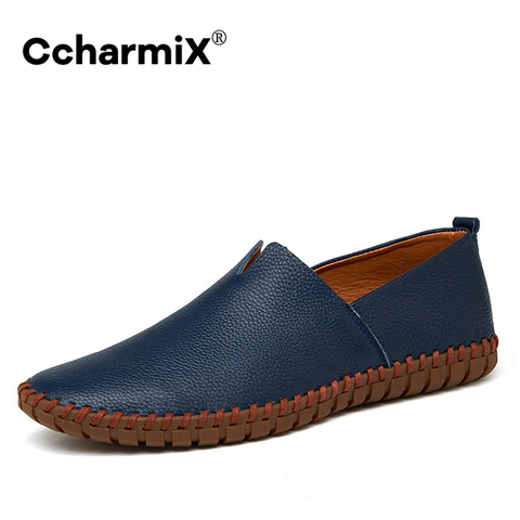 CcharmiX-mocasines de cuero de vaca genuino para hombre, mocasines hechos a mano, de cuero suave, azul, sin cordones, de talla grande, 38 ~ 47 ► Foto 1/6