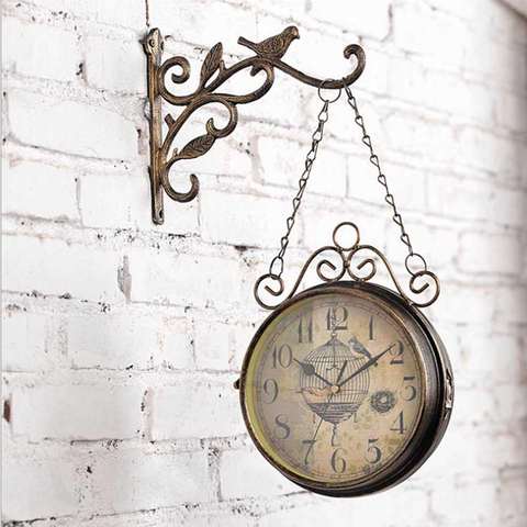 Antigua Estación para pared de jardín al aire libre reloj de Metal de doble cara pájaro Vintage Retro redondo montaje de pared colgante decoración del hogar ► Foto 1/6