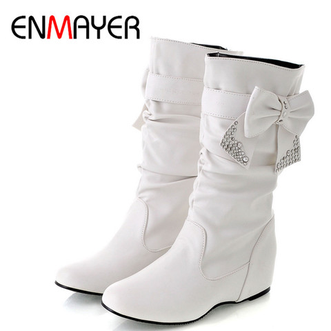 ENMAYER nueva mujeres de primavera y otoño Bowtie encantos pisos botas zapatos de mujer Mid-calf 4 colores blanco zapatos botas gran tamaño 34-47 ► Foto 1/6