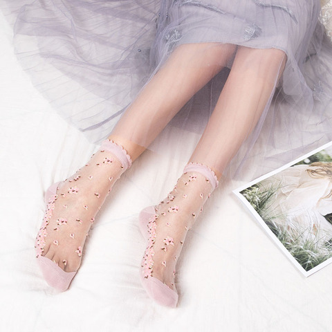 Calcetines ultrafinos transpirables para mujer, de seda de encaje transparente, de cristal, rosas, cortos, elásticos, para verano, 1 par ► Foto 1/6