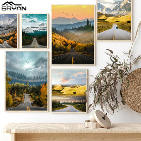 Pintura en lienzo de paisaje de viaje nórdico, cuadro decorativo de paisaje de montaña natural, árboles de carretera, arte de pared, póster de atardecer, Otoño e Invierno ► Foto 1/6