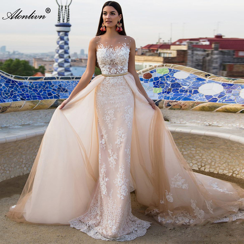 Alonlivn-vestido de novia elegante 2 en 1, de tul champán con cinturón dorado, cola de quita y pon, apliques de encaje sin mangas ► Foto 1/5