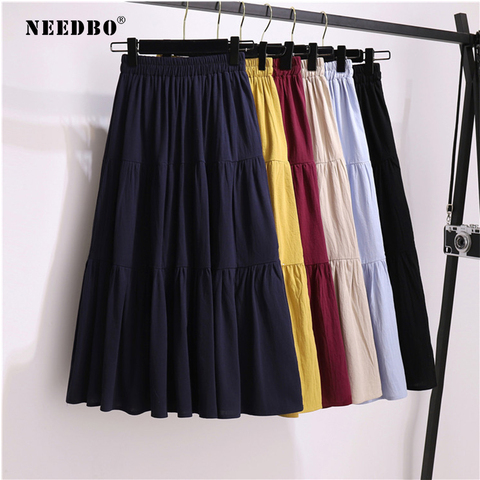 NEEDBO-faldas largas plisadas de talla grande para mujer, falda media para verano, cintura elástica, informal, elegante, para playa, otoño ► Foto 1/6