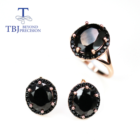 Natural espinela negra conjunto de joyas de corte oval 10*12mm 18.6ct negro real Cierre de piedras preciosas de anillo de pendiente de Plata de Ley 925 para las mujeres ► Foto 1/6