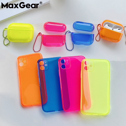 Funda de teléfono a juego y Airpods 2, para iPhone 11 Pro Max XS 12 SE 2022 X XR 7 8 Plus, funda transparente suave fluorescente ► Foto 1/6