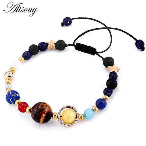 Alisouy-Pulseras de energía de piedra arenisca azul para hombre y mujer, pulseras de cuentas de piedra Solar de ocho planetas, Estrella Universal hecha a mano, regalo de joyería ► Foto 1/4