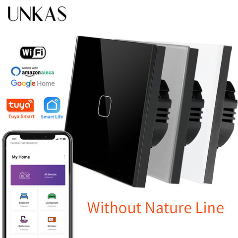 UNKAS UE/Reino Unido estándar de Panel de vidrio de 1/2/3 banda de la pared Interruptor táctil para luz Tuya/vida inteligente ControL inalámbrico táctil interruptor de la luz ► Foto 1/6