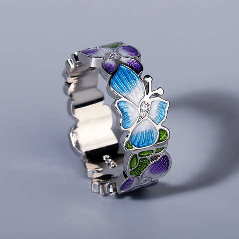 Anillo de plata 925 hecho a mano para mujer, joyería de lujo para fiesta, azul esmaltado, aceite de goteo, mariposa, flor ► Foto 1/5