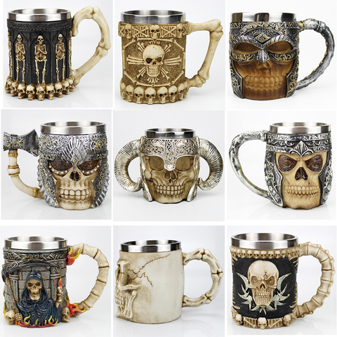 Taza de calavera de acero inoxidable, modelador vikingo de muerte, con mango de dragón de fuego, cuerno de cabra, diseño gótico, tazas de café, cerveza, para Halloween ► Foto 1/6