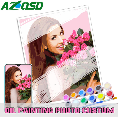 AZQSD-pintura personalizada por números, personalización de foto artesanal, pintura al óleo, dibujo de lienzo, retrato de familia, niños, mascotas, foto ► Foto 1/6