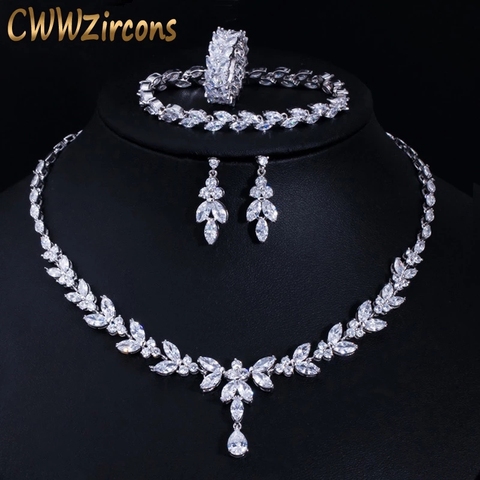 CWWZircons 4 Uds brillante cúbico pendientes y collar con circones anillo y pulsera joyería nupcial de la boda establece vestido accesorios T344 ► Foto 1/6