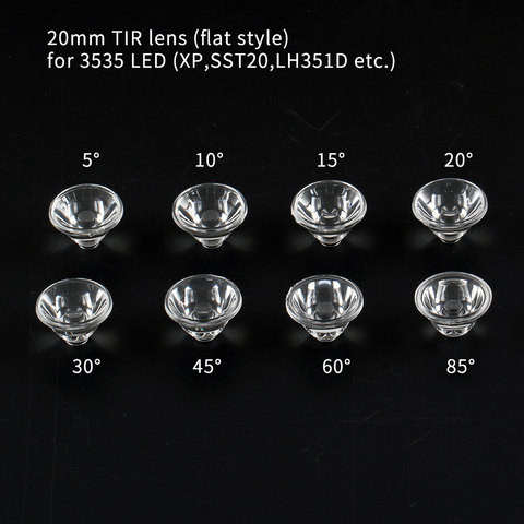 5/10/15/20/30/45/60/85 grados 20MM lentes TIR, estilo plano, para 3535 LED (xp,sst20,LH351D,etc) ► Foto 1/6