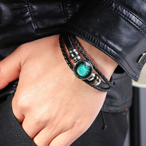 Pulsera iluminada con signo del zodiaco para hombre, brazalete de cuero tejido a mano ajustable ► Foto 1/6