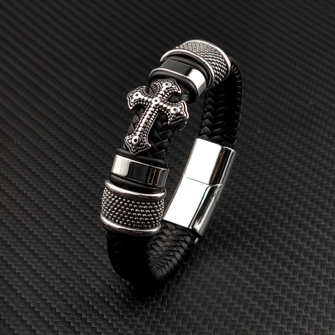 Pulsera de cuero para hombre, abalorio con Cruz de acero inoxidable, estilo Punk MingAo, 12x6, color negro, cierre magnético, regalo marrón ► Foto 1/6