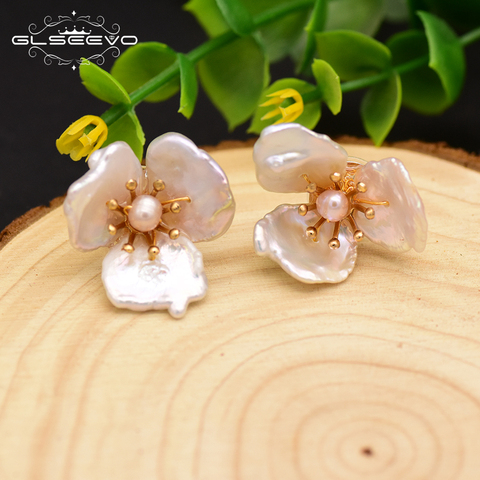 GLSEEVO Natural agua dulce barroca flor perla pendientes 925 Plata de Ley Stud pendiente para mujeres joyería fina GE0663 ► Foto 1/5