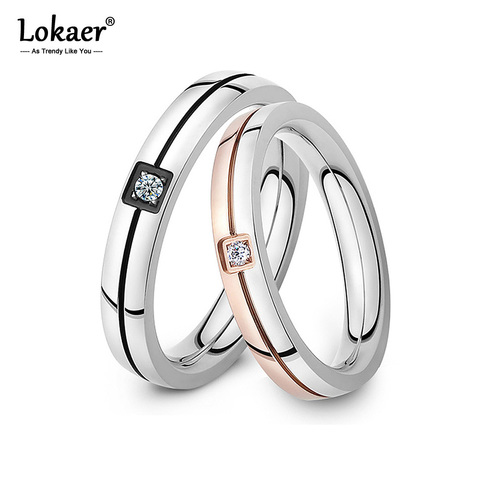 Lokaer clásico mosaico cúbico Zirconia anillo de acero inoxidable brillante anillo de pareja de cristal para siempre amor para la boda romántica anillos ► Foto 1/5