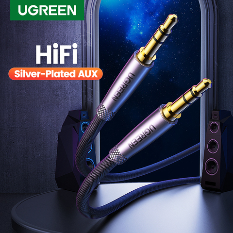 UGREEN-Cable auxiliar de Audio HiFi 3,5mm para altavoz, conector 3,5 para guitarra, Cable trenzado plateado, Cable auxiliar para auriculares de coche ► Foto 1/6