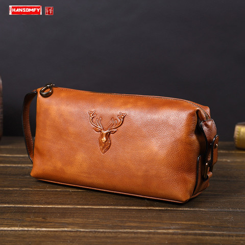 Bolso de mano de cuero suave para hombre, cartera de mano de cuero de gran capacidad, informal, a la moda, de algodón, piel auténtica ► Foto 1/6