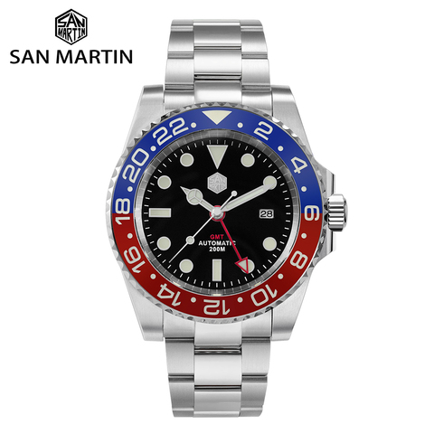 San Martin GMT-reloj mecánico de lujo para hombre, reloj mecánico automático de zafiro, con bisel de cerámica de 120 clics, fecha luminosa resistente al agua, 20Bar ► Foto 1/6