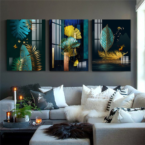 Pintura de arte en lienzo de estilo chino, impresiones de arte de pared impermeables de color verde y dorado, decoración del hogar, 3 paneles ► Foto 1/6