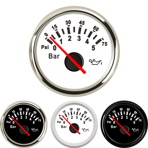 Medidores de presión de aceite para barco marino, medidor de presión de aceite de 52mm, PSI, 0-5Bar/0-10Bar, con luz trasera roja, 12V/24V, blanco y negro ► Foto 1/6