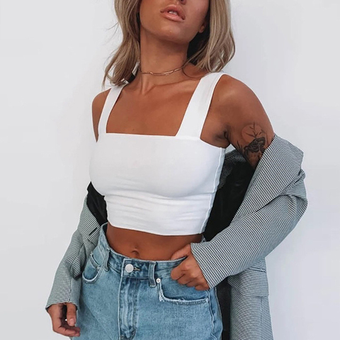 Top corto de verano sin mangas con cuello cuadrado para mujer, Camiseta básica informal en blanco y negro, camiseta Sexy sin hombros con espalda descubierta ► Foto 1/6